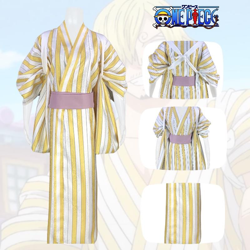 Anime Pirate King Cosplay Costume Zoro Yellow Striped Kimono Role Playing Outfit