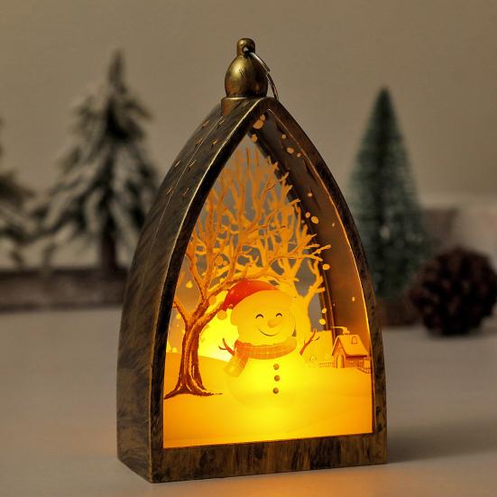 Vintage Christmas Ornament House Shape Santa Claus Deer Snowman Statue Night Light Glowing Decoration