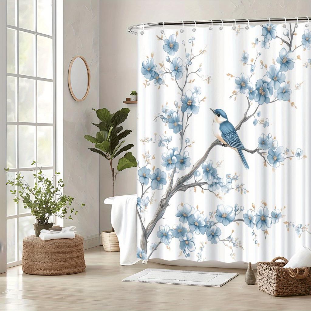 Whimsical Blue Bird and Branch Shower Curtain, Polyester, with Hooks, Machine Washable, Light Blue Flowers with Gold Accents