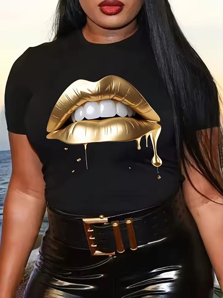 Lips Printed Women's T-shirt Summer Crew Neck T-Shirt Casual Short Sleeve T-Shirt for Spring & Summer Women's Clothing