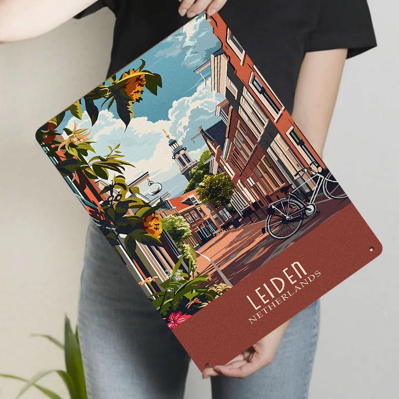 

Leiden Netherlands Street View Metal Wall Art Vintage European Home Decor for Living Room Dining Room 20x30cm（7.8x11.8inch）