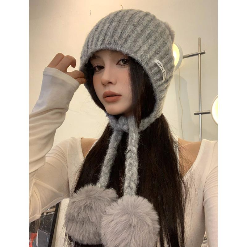 

Gray Fur Ball Tassel Beanie Women s New Autumn and Winter Warm and Cold proof Ear Protection Hat Large Head Circumference Hat Trendy M（56-58cm）