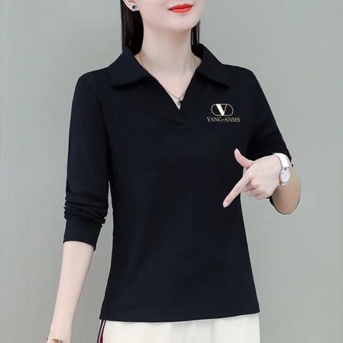 Cross-Border Women's Plus Size Long-Sleeve Polo T-Shirt – Spring, Autumn, and Winter Fashion for Middle-Aged.