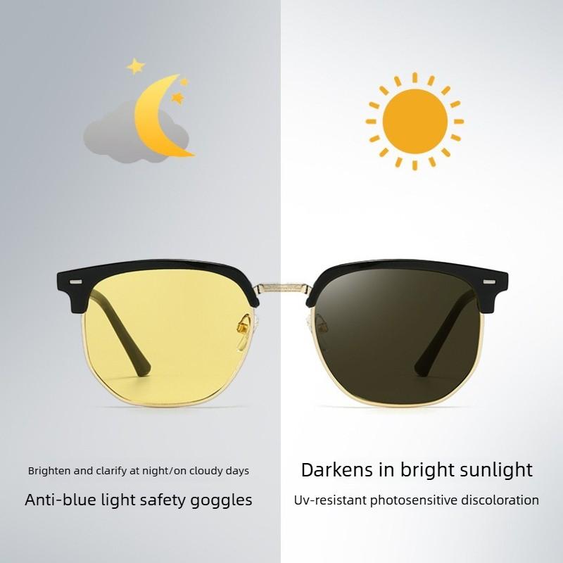 Photochromic Night Vision Glasses Day-and-Night Metal Half-frame UV-Protective Eyewear Anti-Glare Driving Glasses for Drivers
