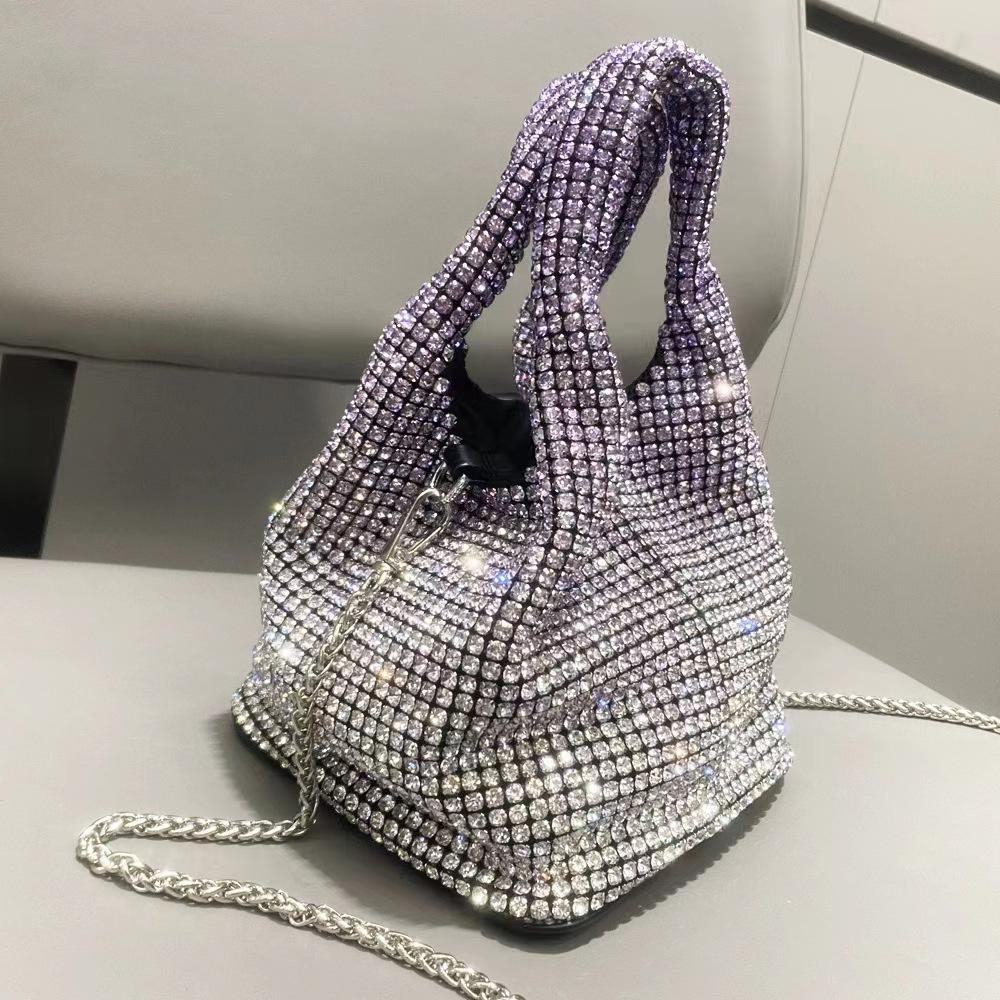 Fashion Rhinestone Small Bucket Bag for Women Sling Shoulder Crossbody Bag with Diagonal Chain Stylish Ladies Handbag