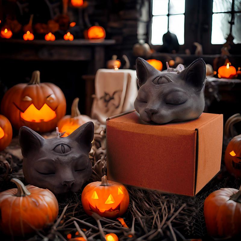 Three-eyed Cat Round Bead Three-dimensional Cat Head Home Decoration Halloween Aromatherapy Candle Atmosphere