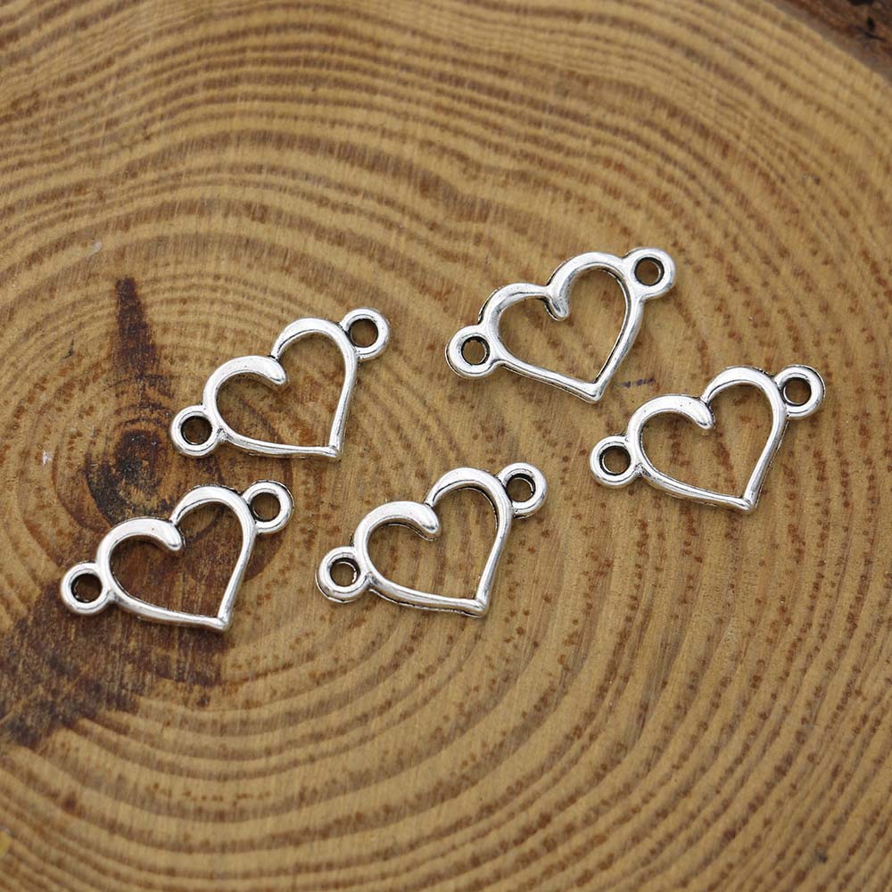 40Pcs Silver Plated Heart Charm Connectors For Jewelry Making Bracelet Diy Craft Accessories15X8Mm