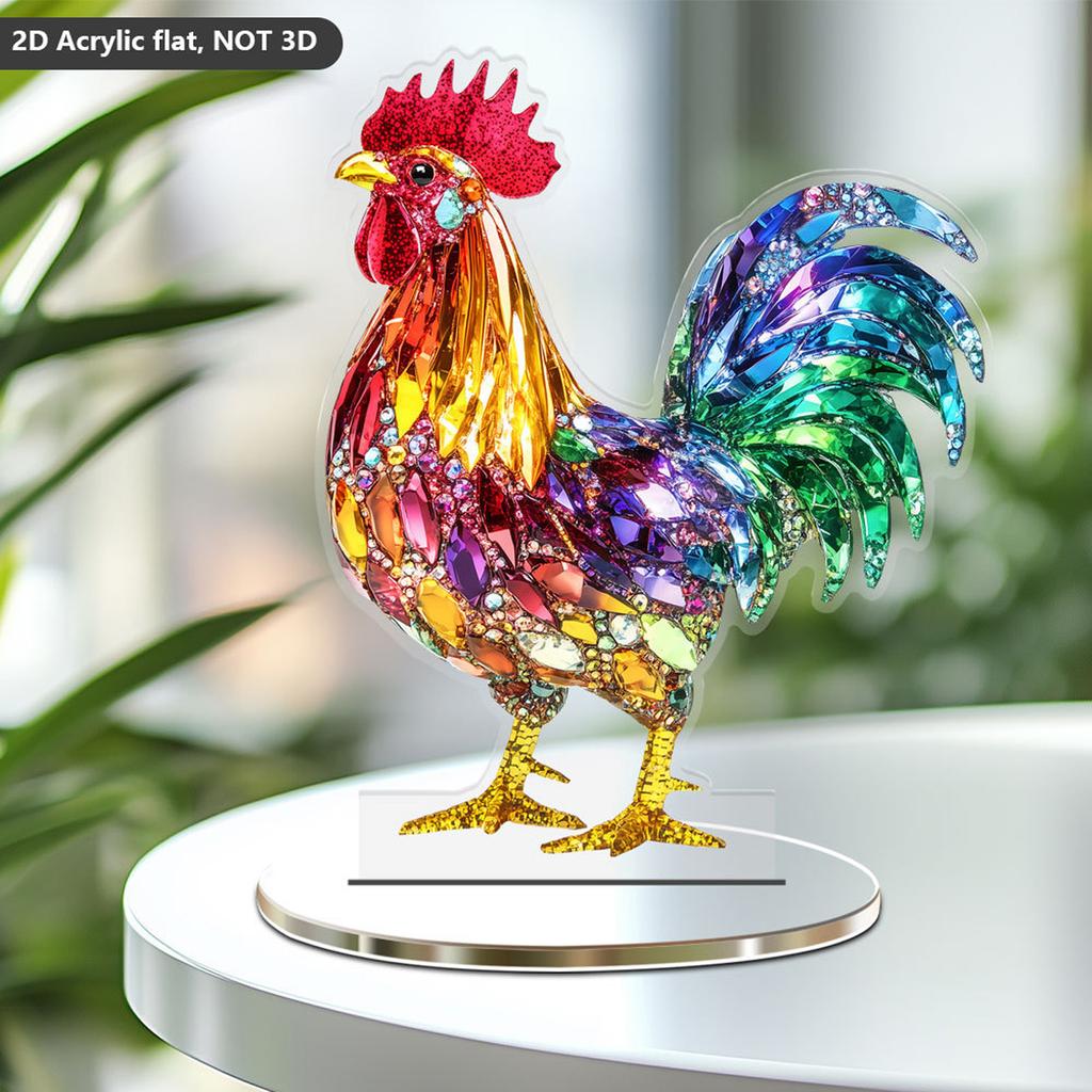 Colorful Animal Figurines Acrylic Decorative Plaque 2D Flat Owl Rooster Tabletop Decor with Base Decorations and Stand