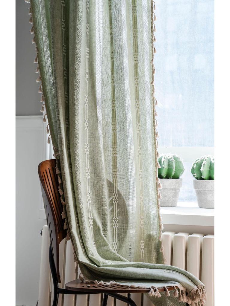 Imaqi Yun Green Striped Embroidered Semi-Blackout Curtains for Kitchen & Living Room