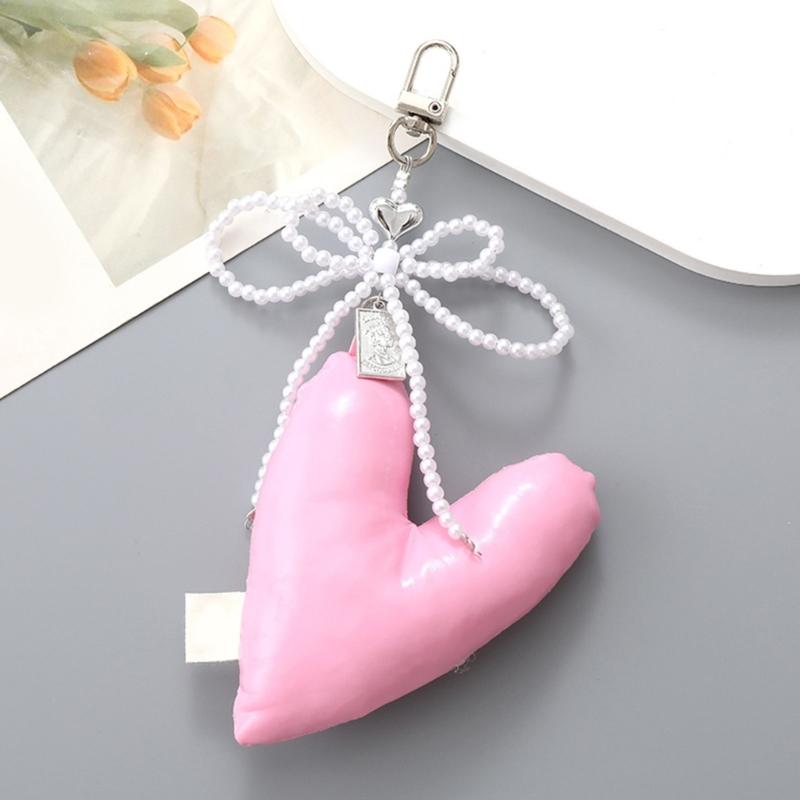 Elegant Beaded Keychain Phone Charm Unique Keyring Padded Heart Bowknot Bag Pendant Accessory for Purse Backpack Handbag