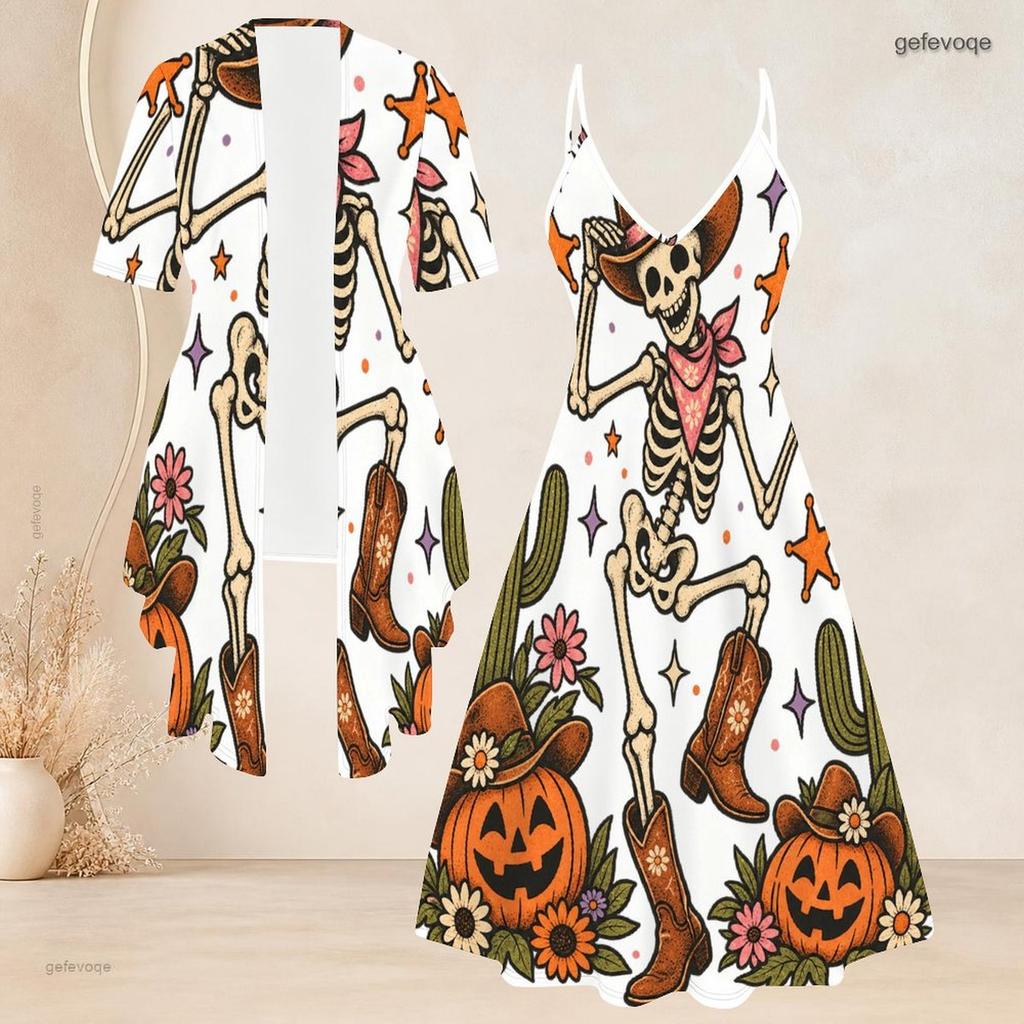 Women Plus Size 2 Piece Outfits Short Sleeve Open Cardigan V Neck Strappy Flared Dress Halloween Raccoon Printed White