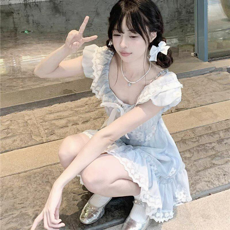 Summer Art Department Milk Mist Blue Dopamine Floral Cake Dress First Love Princess Micropuff Skirt Fluffy Short Skirt