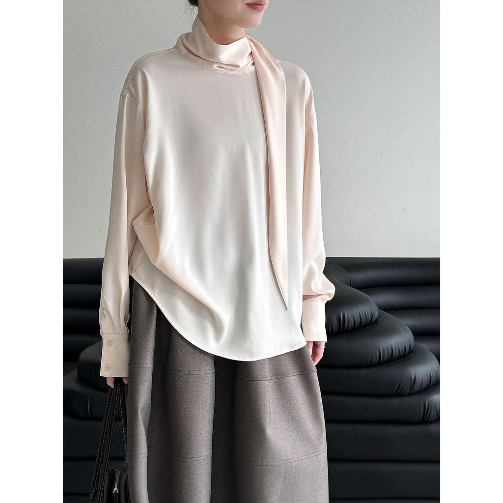 Luxi French Light Satin Ribbon Blouse - Women's High-End, Early Spring 2026
