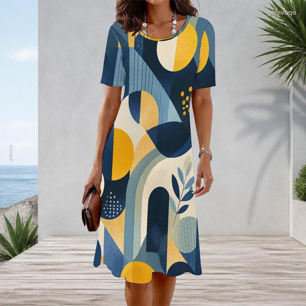 Women Plus Size Round Neck Short Sleeve Blue Yellow Geometric Printed A Line Dress