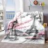 2026 New Arrivals 1pc Eiffel Tower & Cherry Blossom Print Flannel Throw Blanket Soft Comfortable Polyester Fabric, Digital Print, Asian Style, All Sea