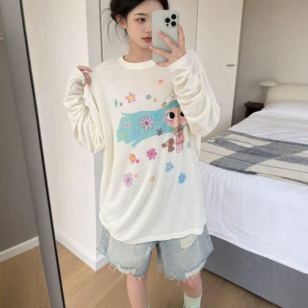 Lazy feeling loose versatile casual sweet printed long-sleeved t-shirt women's summer thin micro-transparent sunscreen blouse top
