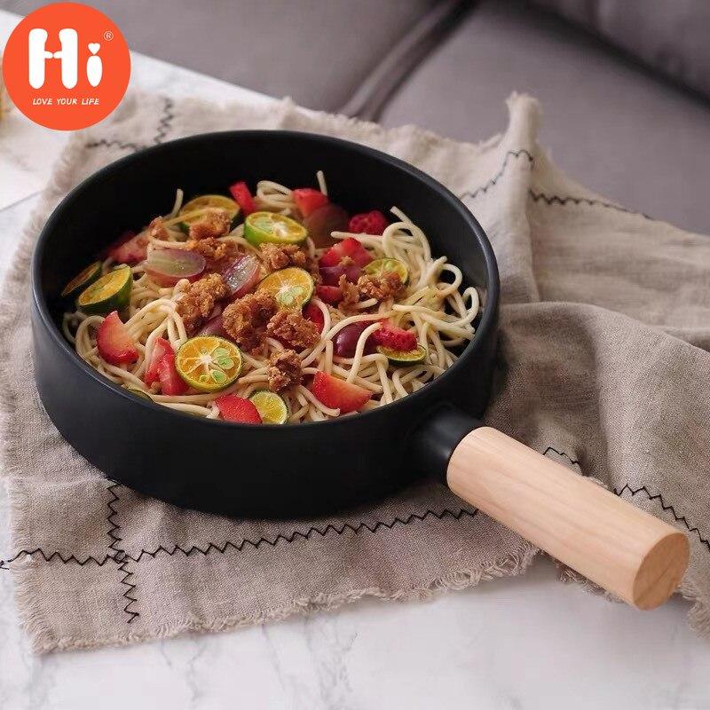 Hi Nordic Round Steak Dinner Plate Pan With Wood Handle Creative Pasta Salad Bowl Simple Ceramic Food Container Kitchen Tableware