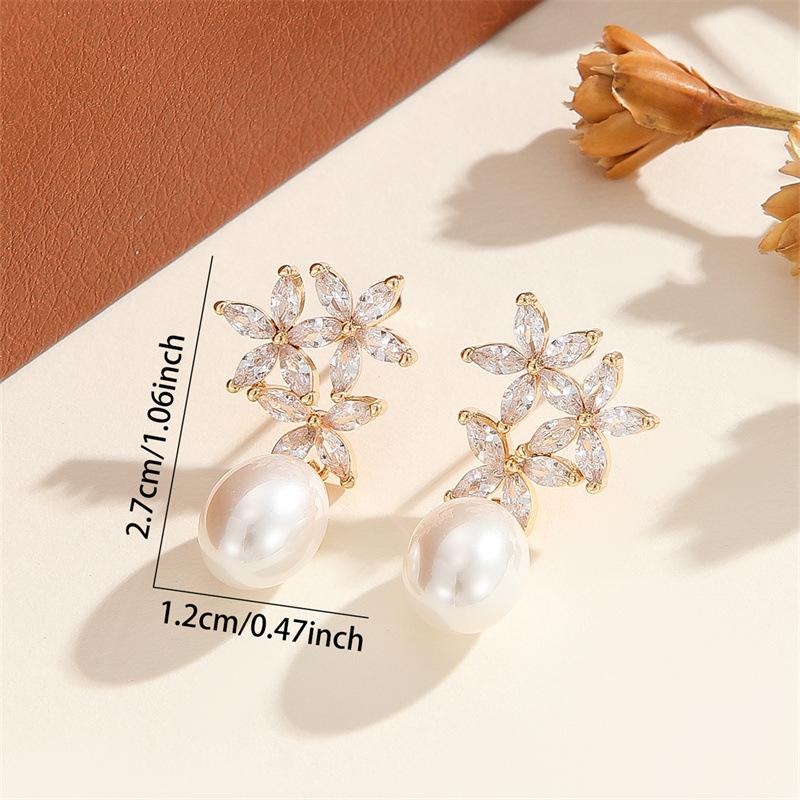 Full Diamond Flower Earrings with Delicate Pearl Pendant Stud Earrings
