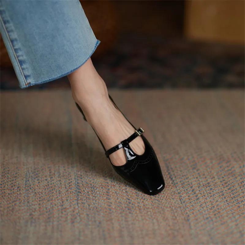 Fashion 2025 Spring Women Shoes Patent Leather Solid Color T-shaped Buckle Square Toe Chunky Heel Versatile Single Shoes Item No.1302