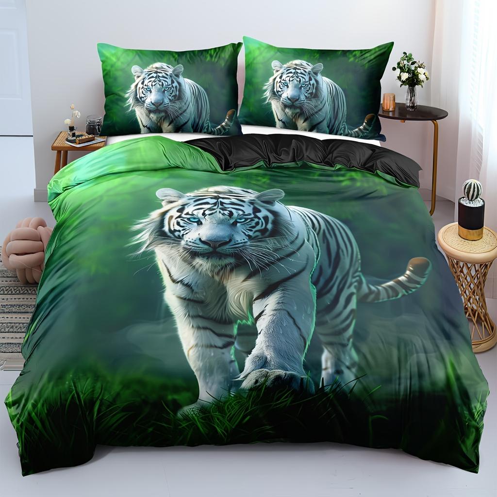3Pcs Bedding Featuring A White Tiger Design - Duvet Cover With Blue-Eyed White Tiger And Two Pillowcases -For Bedroom Decor