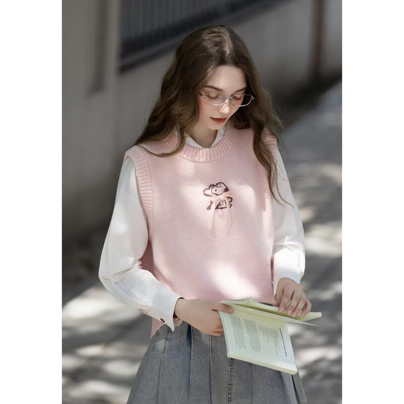 TonLion Damski Dzianinowy Sweterek Bez Rękawów Z Okrągłym Dekoltem i Haftem ze Snoopy