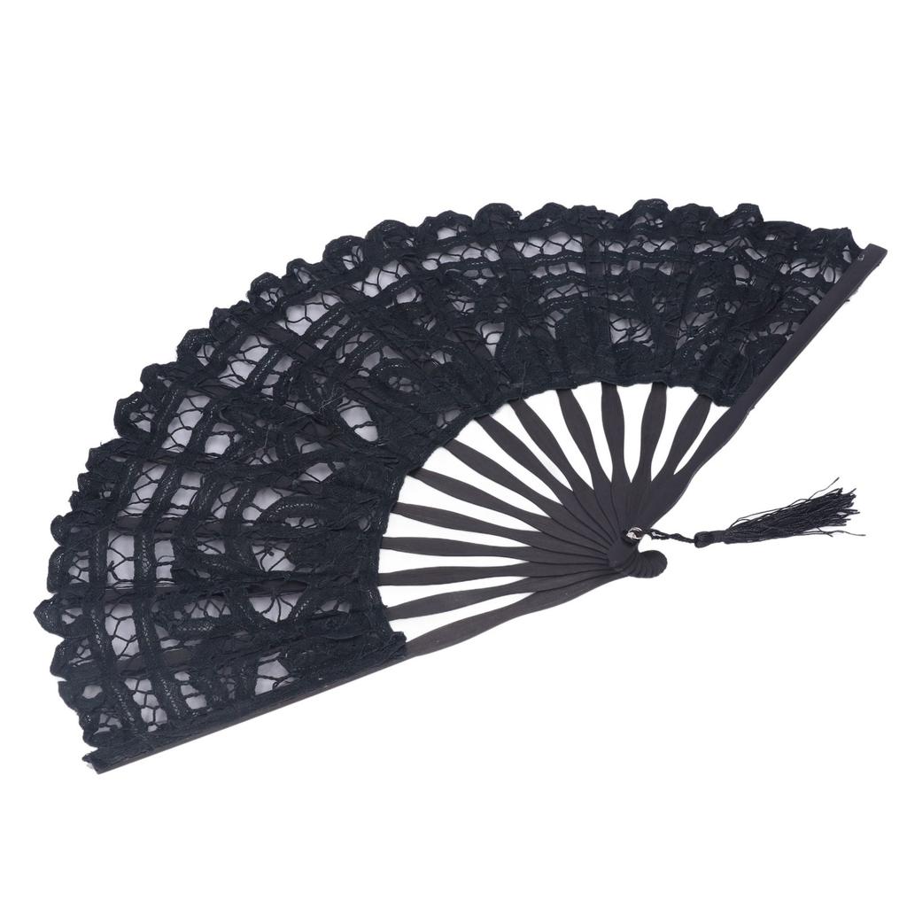 Folding Fan Hallow Lace Bamboo Bones Vintage Style Hand Fan with Tassel for Performance Clothes Decoration Gift