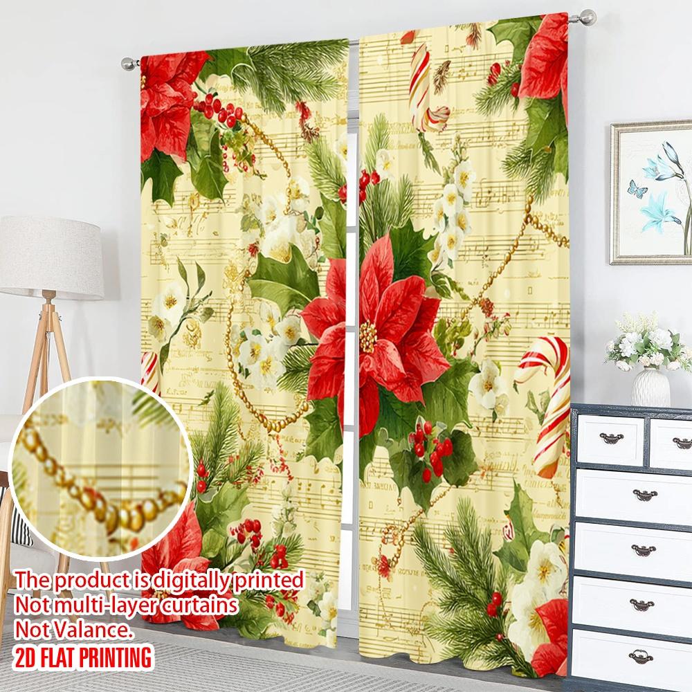 2pcs 2D flat printing Popular Christmas curtains Christmas Poinsettias Holly Garland Digital Printed Polyester Drapes Holiday
