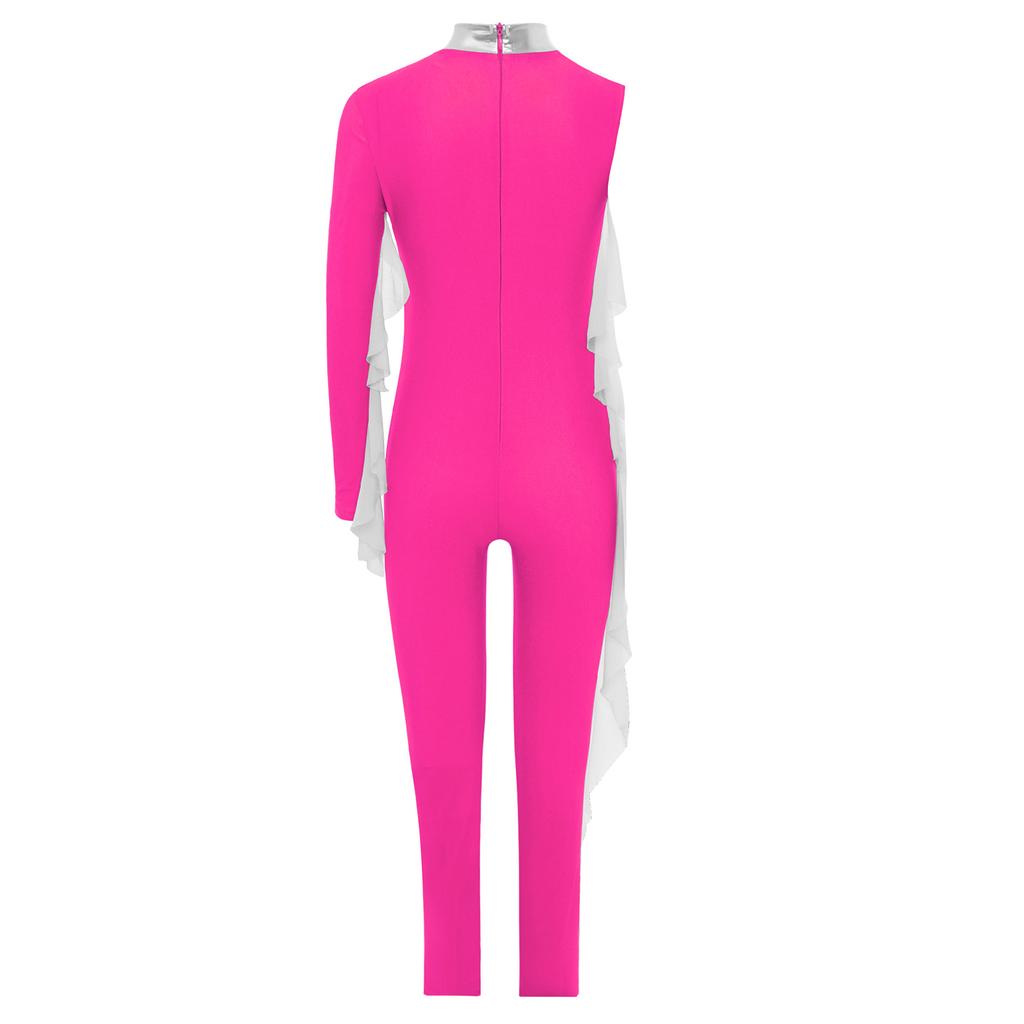 Girls Gymnastics Bodysuit Sheer Mesh Ruffles Design Asymmetrical Long Sleeve Invisible Zipper Full Body Leotard