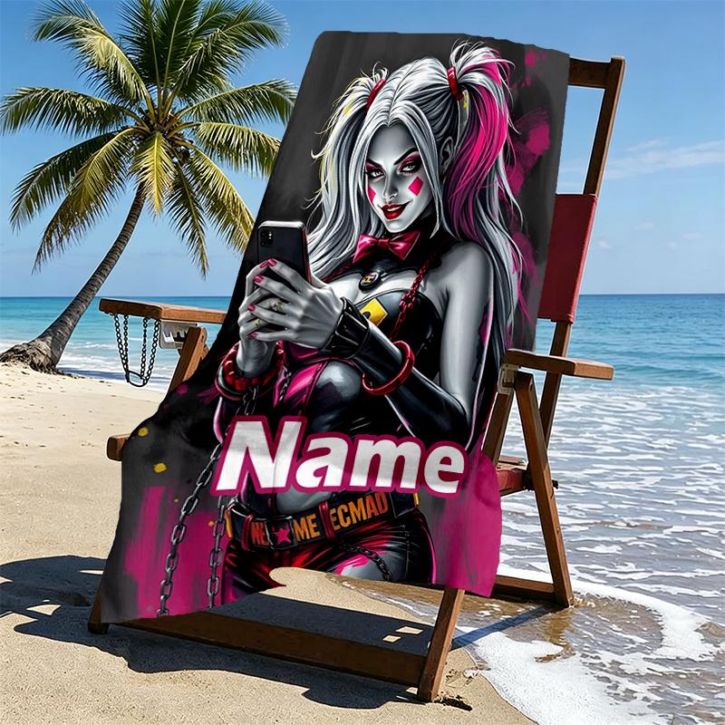 Custom Name Personalized Harley Quinn Joker Print Beach Towel, for Trip Camping Beach Party Home Decor, Birthday Gift for Family & Friends