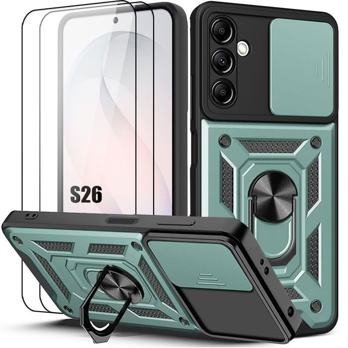 Coque pour Samsung Galaxy S26, Protection avec Cache Caméra Anti-Rayures - Vert - 2 Verres Trempés
