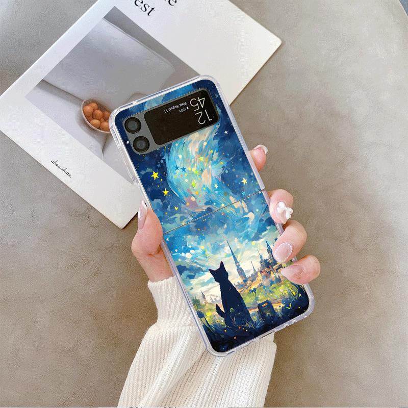 Oil Painting Black Cat Starry Sky Phone Case for Samsung Galaxy Z Flip 7 Flip 6 5 4 3 5G Folding Cover for Z Flip7 Flip5 Fundas