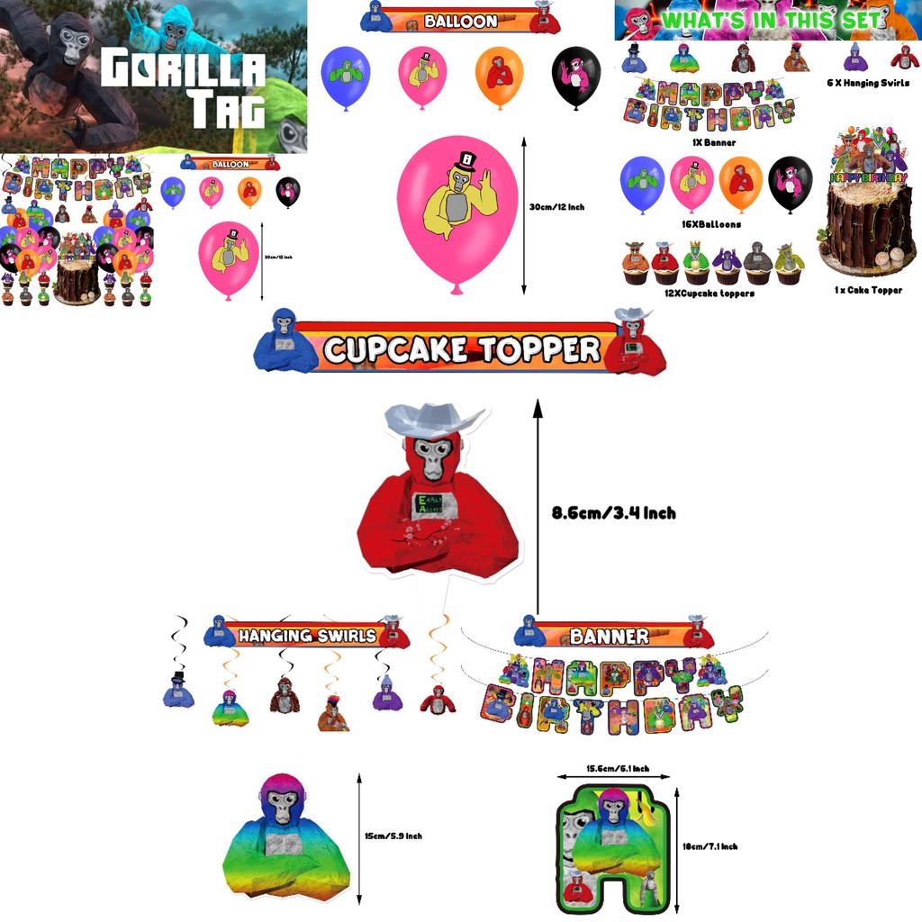 Gorilla Tag Birthday Party Decoration Set Spiral Balloon Arrangement With Cake Topper And Flag