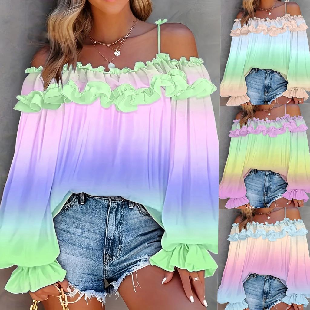 Bluzka/koszula damska z odkrytymi ramionami, kontrastowa, z efektem gradientu, z koronką i koronką, duży rozmiar