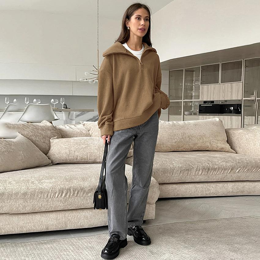 Girls' Warm Sweatshirt, Lambswool, Fashionable And Versatile Sports Sweatshirt, Autumn And Winter New Niche Solid Color Zipper Collar Top