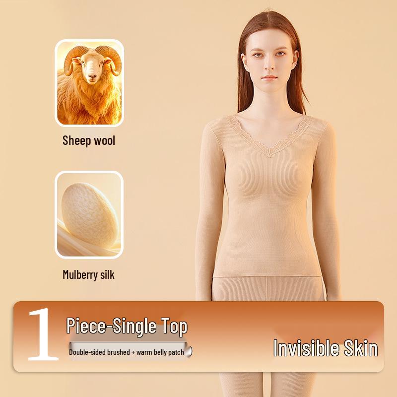 Women's Lace V-neck Warm Lingerie Set: Seamless Slimming Antibacterial Base Layer for Autumn and Winter