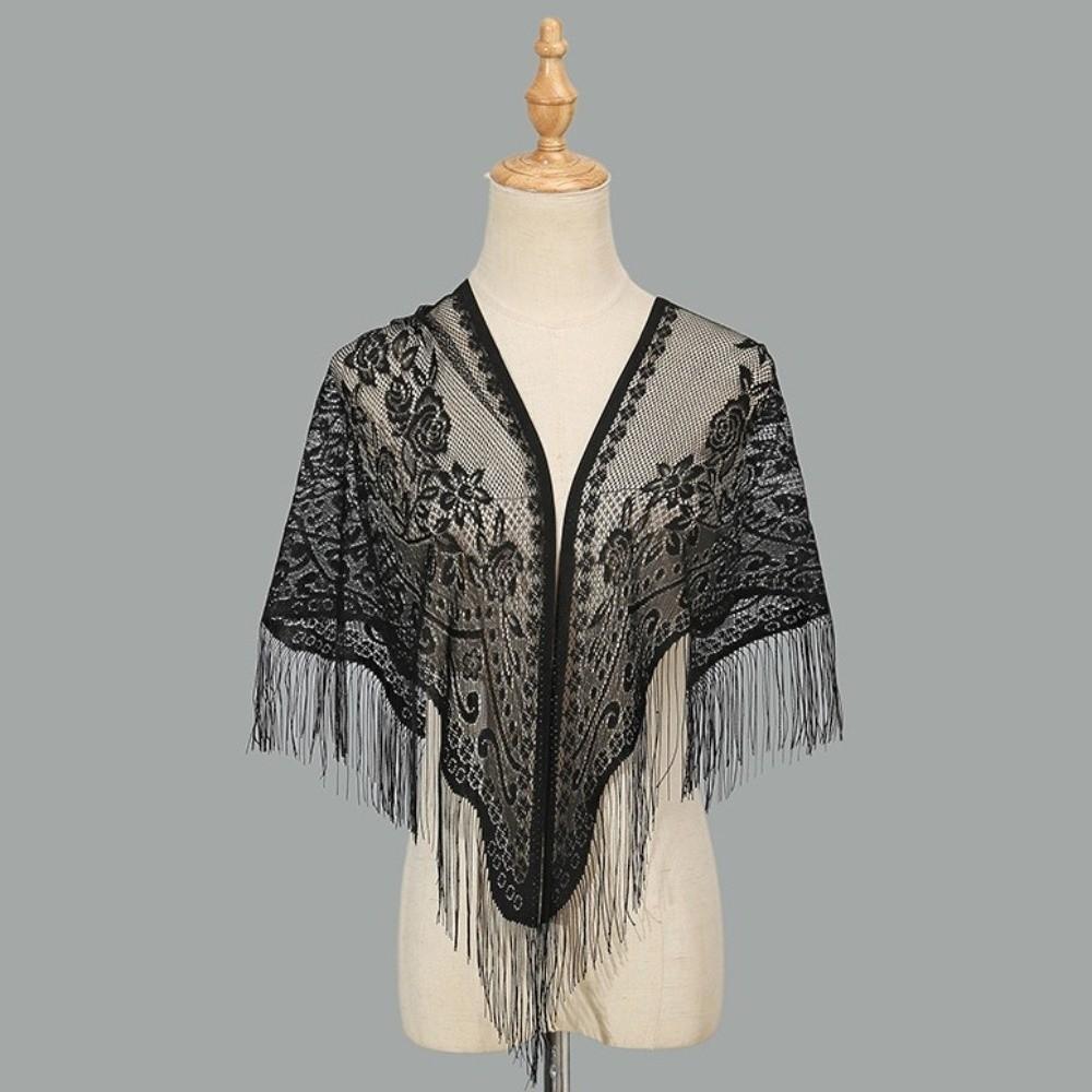Polyester Lace Hollow Scarf Embroidery Mesh Scarves Elegant Tassel Triangle Shawl  Summer
