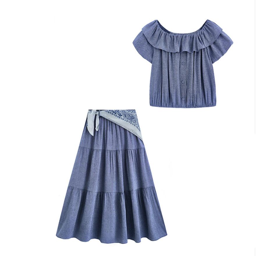 Summer Beautiful Suit Women's New Relaxed Ruffle Edge One-word Shoulder Top Skirt Two-piece Set