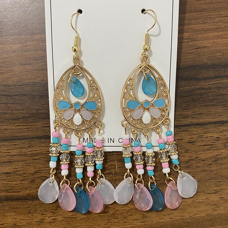 Bohemian Crystal Tassel Earrings - Ethnic Style, Slim Face, Exaggerated Design for Travel