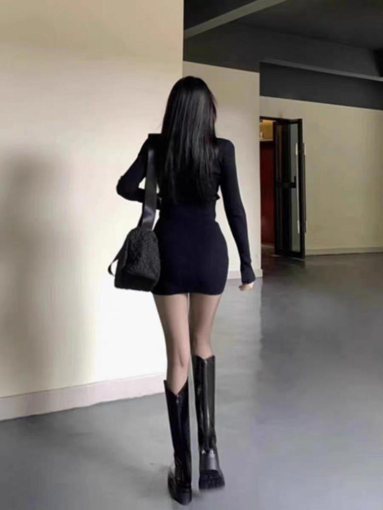 Women's Black Knit Sweater Dress - Slim Fit, Hip Wrap, Plus Size, Autumn/Winter