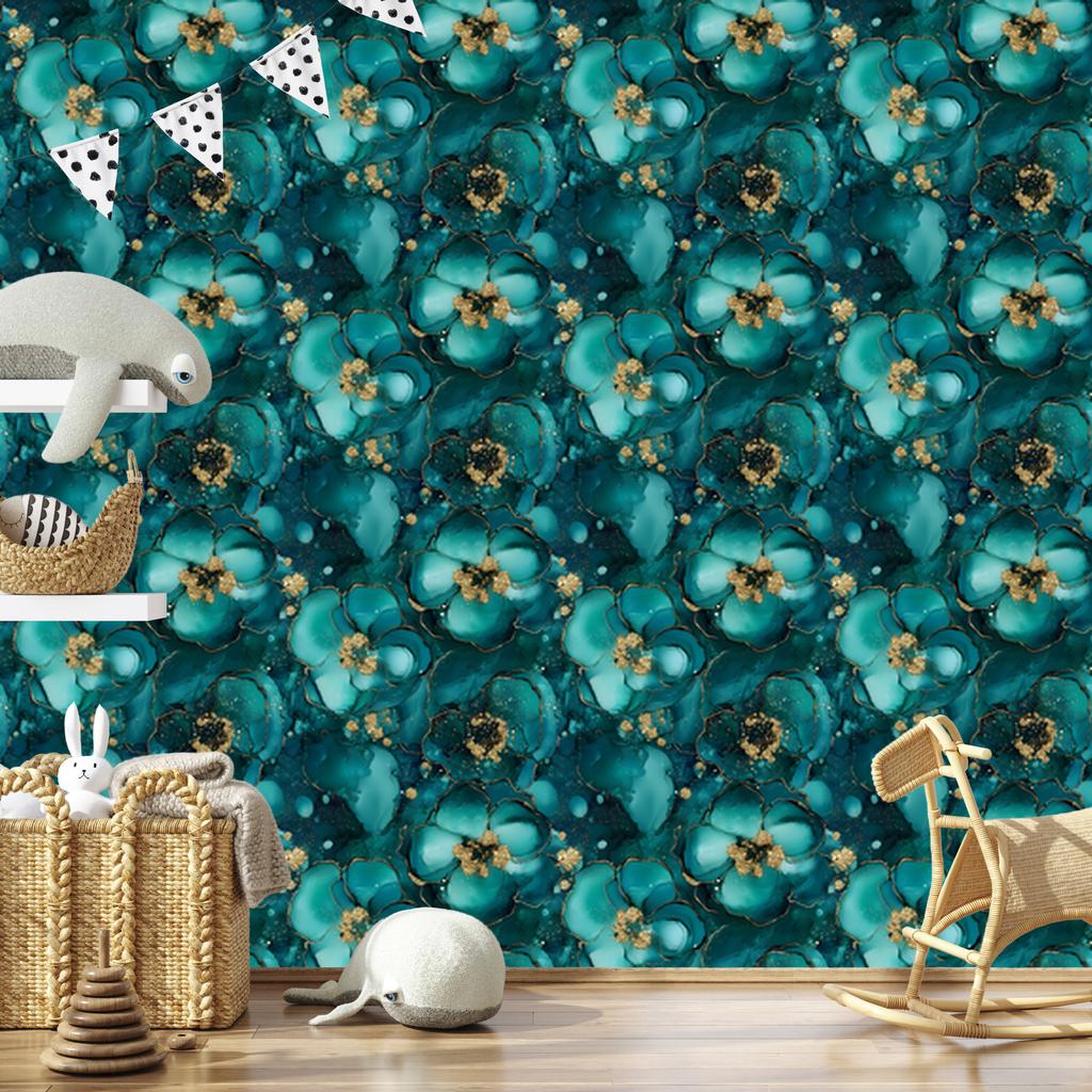 Ink Wallpaper Turquoise, Sea Blue and Yellow for Living Room and Bedroom 50x1000