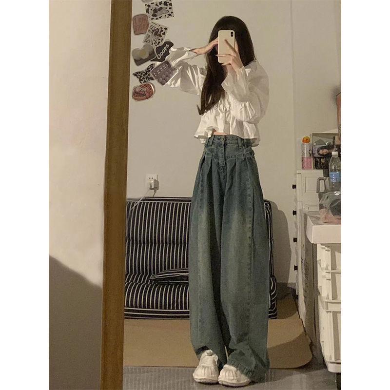 Damen Jeans Herbst/Winter High-Waist Weite Beine - Amerikanischer Retro-Stil, Lockere Passform, Bodenlange Hose