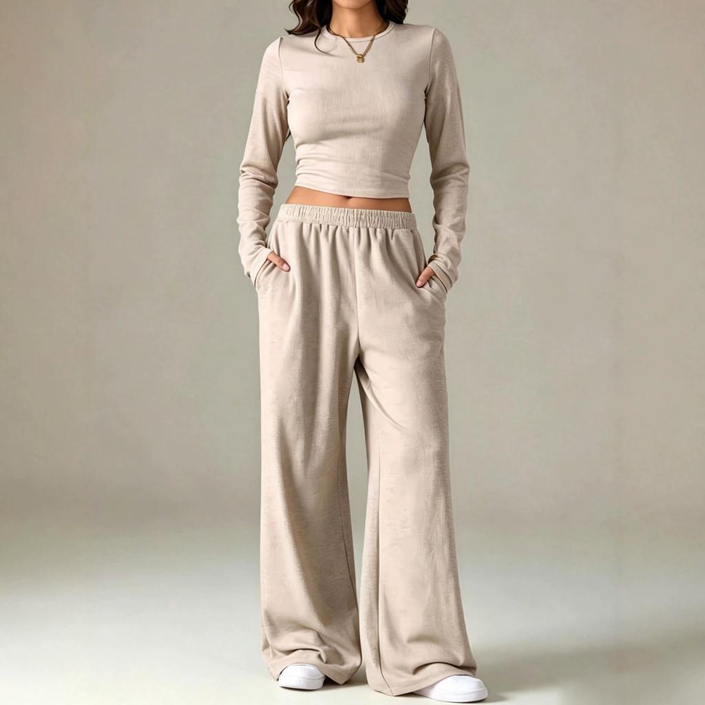 1116 European and American solid color casual knitted suit round neck tight short top drawstring loose mopping wide-leg pants