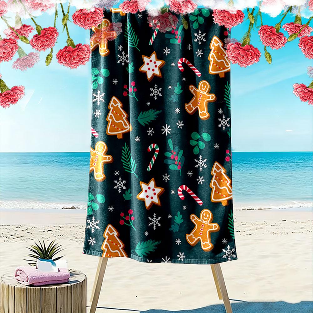 Festive gingerbread holiday bliss Print beach towel, quick drying, suitable for travel, outdoor sports, jogging, the beach and swimming, gift