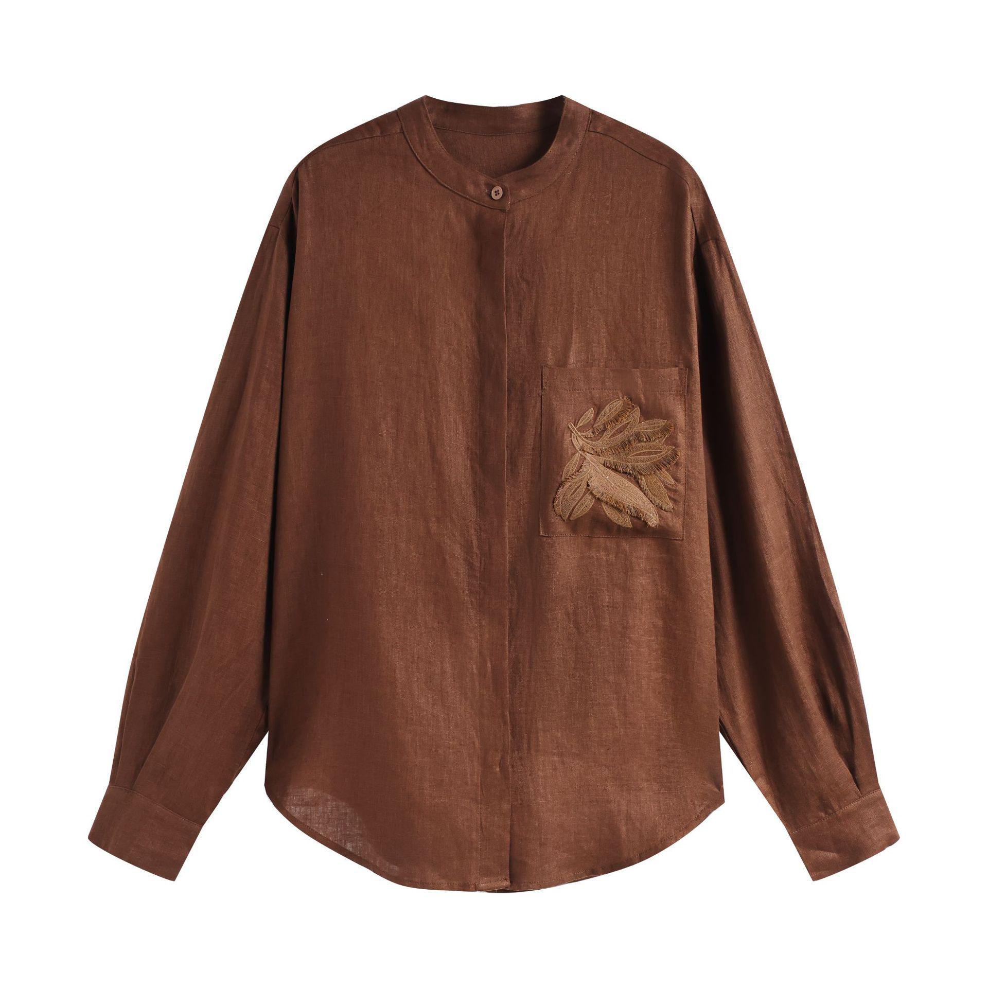 French Retro Embroidered Round Neck Long Sleeve Shirt for Women – Autumn Winter Linen Shirt Jacket Extra Large