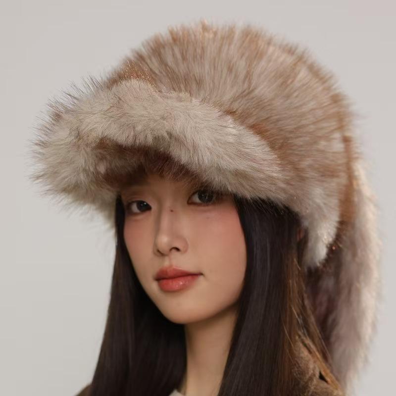 

26New high-quality faux mink fur plush baseball cap for women, autumn and winter cold-proof and warm rabbit ear duckbill cap M（56-58cm） хаки
