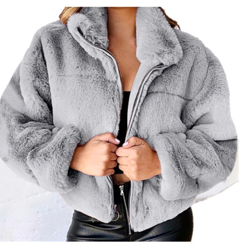 Women's Autumn Winter Faux Fur Short Coats Zipper Plush Warm Oversized Thick Jacket Turn Down Collar Overcoat