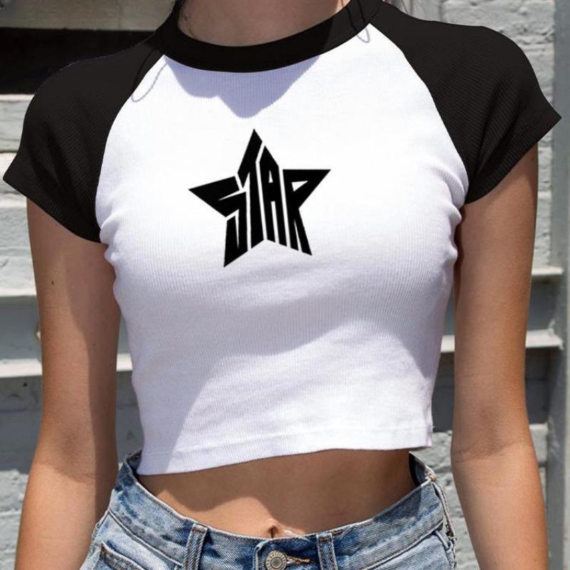 2KWEIRD Female Y2K Clothes Star Tops Women Tshirt Harajuku Retro Fashion Gothic Short Sleeve Crop Sexy Tops Aesthetics Tops Short Navel