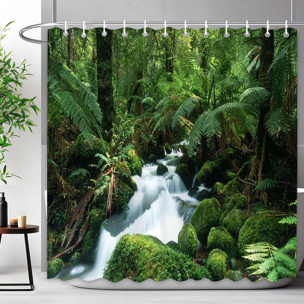 Outdoor Scenic Forest Shower Curtain With Hooks Green Plant Tree Waterfall Landscape Waterproof Shower Curtains Bathroom Decor