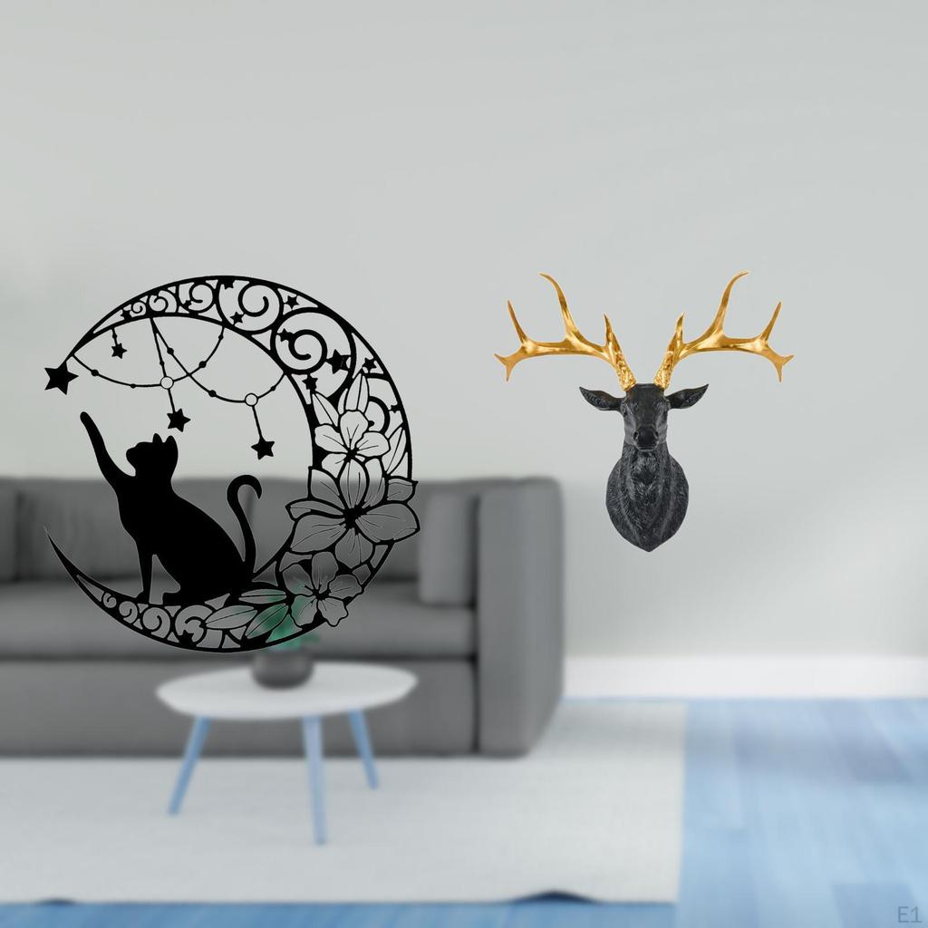 Mystical Black Cat And Deer Head Metal Wall Art Sculpture for Home Office Decor Unique Boho