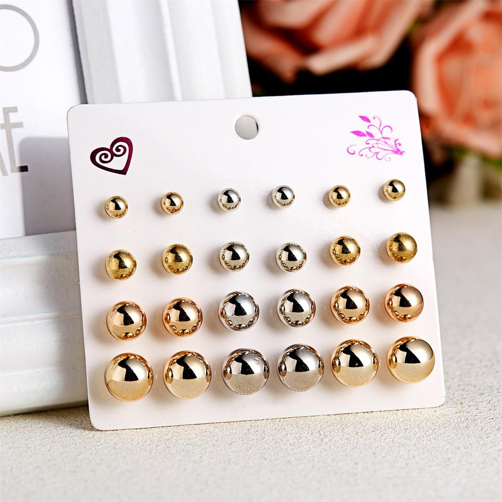 12Pairs/Set Colored Zircon Crystal Stud Earrings For Women Minimalist Geometric Imitation Pearl Round Bead Earring Trend Jewelry